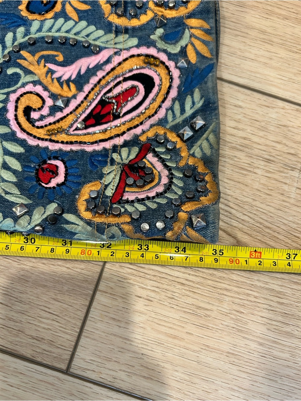 Alice + Olivia Denim Flare Jeans with Multicolor Paisley Embroidery - Picture 11 of 16